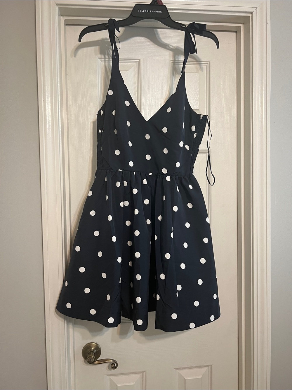 Old Navy Navy Blue Polka Dot Tie-Shoulder Mini Dress